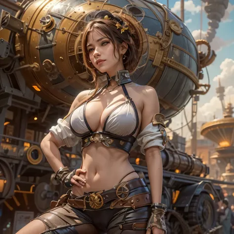 suggestive pose, random hair color, random eye color, Tenebrism art style painting,oil on canvas,(((huge big natural saggy breasts,very noticeable cameltoe))),steampunk airship background landscape,Complete Steampunk Clothes Intricade Details, WLOP, sakimi...