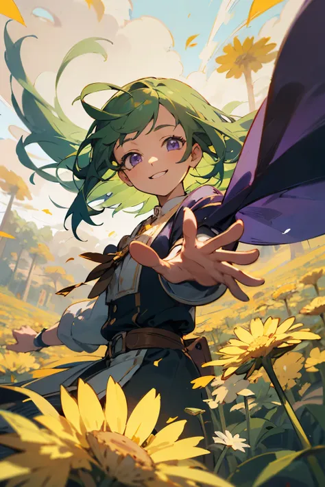 ((best quality)), ((masterpiece)), (detailed)Please help me draw a girl using the two-dimensional 2D healing painting style，green hair purple eyes，Smiling slightly，Hands outstretched，There is a gust of wind blowing behind you，A large number of dandelions a...