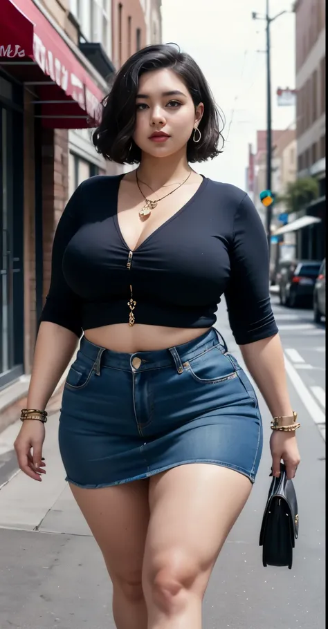 ((best quality)), ((masterpiece)), (detailed), perfect face, araffe woman in a long dark-blue shirt and blue denim skirt walking down a street, thicc,  wavy  short hair , she has a jiggly fat round belly, bbwchan, wearing tight simple clothes, skinny waist...