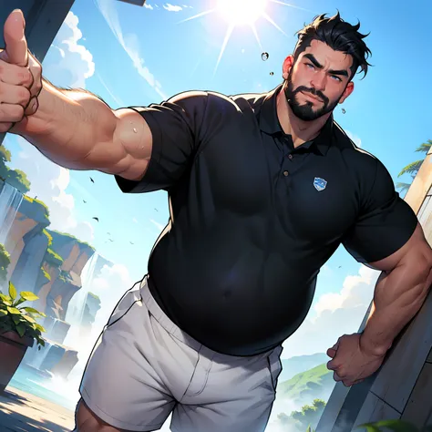 Fat uncle selfie,fat face,thick eyebrows,beard,A black-haired one,Confident look,thumbs up,Body hair is thick,pregnant,Wearing a blue polo shirt、Wearing white shorts,strong sunlight,sweat,Steam,dripping from the body,tourist attraction,there are many peopl...