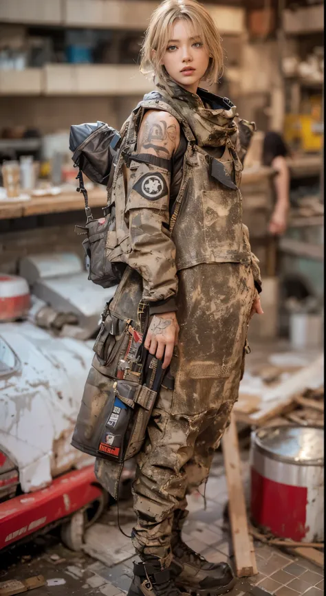 beauty、mud、trained abdominal muscles、、A girl with realistic skin texture stands in front of a concrete background。. Her mudy shirt adds a sense of roughness to the overall image. she has a tattoo on her arm, It adds a hint of edge to her look. The focus of...