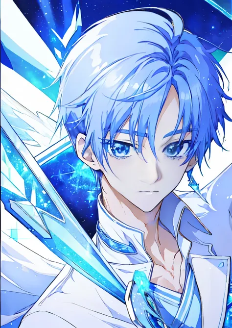 close up of blue haired boy cartoon character、portrait of magical boy、boy in white and blue dress、heavenly aura、solo、ice aura、wh...