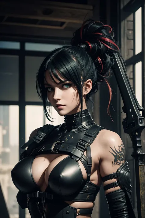 8K,Sexy medieval demon slayer in combat bondage outfit,Super beautiful(like the real thing),green eyes,Big eyes,green mohawk hair,black combat bondage pants,carry a long, large sword on one&#39;s back,fearless smile,detailed hazel eyes, sharp face, clear e...