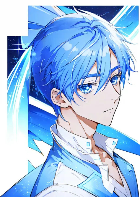 Close up of blue haired boy cartoon character、portrait of magical boy、boy in white and blue dress、heavenly aura、solo、ice aura、White and blue miniskirt、white high heels、Symphogear flavor、boy with long dark blue hair、sapphire prince、official character art, s...