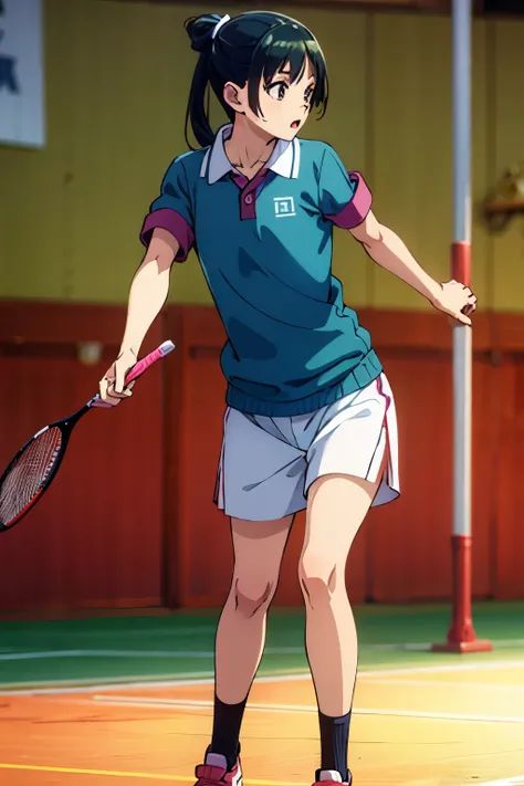 He is wearing a badminton uniform and is playing badminton.