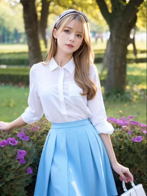 long blonde hair, blue eyes, light blue skirt, white shirt、light blue ribbon, Alice, fairy tale, europian style,Upskirt:1.5、Aliceインワンダーランドをモチーフに、Alice:1.5