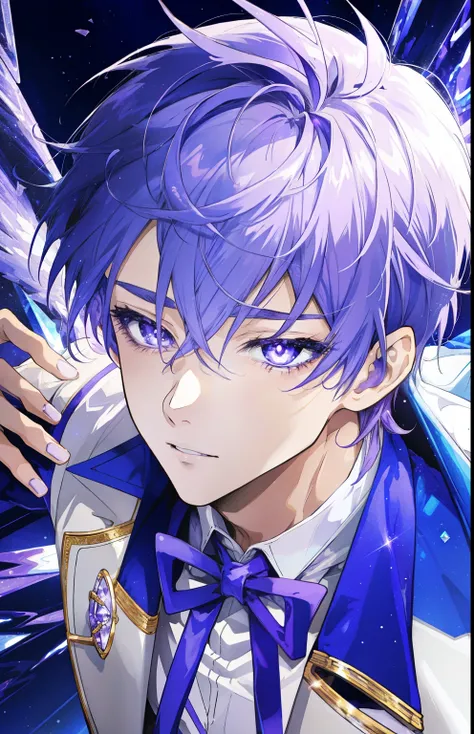 close up of purple haired boy cartoon character、portrait of magical boy、boy in white and purple dress、heavenly aura、soghtning au...