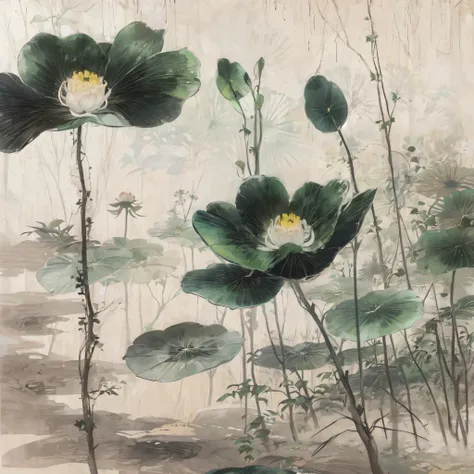 chinese traditional ink painting，black lotus，lotus leaf