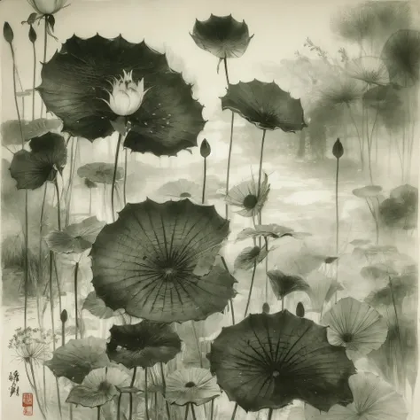 chinese traditional ink painting，black lotus，lotus leaf