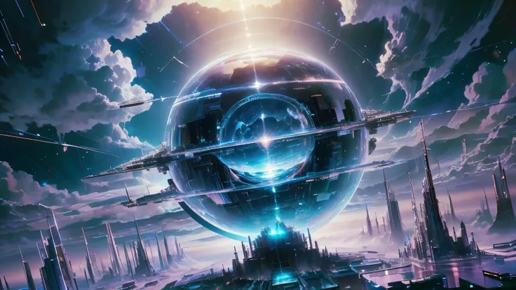 A huge mirrored sphere floating in space, The future city inside the sphere, New York, goddess statue, view, flashing lights, A man appreciates, jeans, Sweatshirt, (dark sky，There are clouds and stars:1.3), particulate matter in air, light of god, detailed...