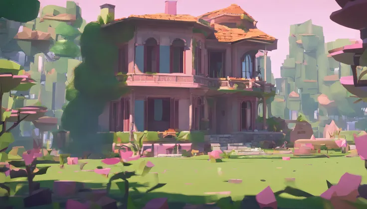 (best quality,4k,8k,high resolution,masterpiece:1.2),super detailed,(actual,photoactual,photo-actual:1.37)a dilapidated house，open ruins,Lots of accompanying plants on the floors and walls，creative composition, Subtle color scheme, Tasteful minimalism,pink...