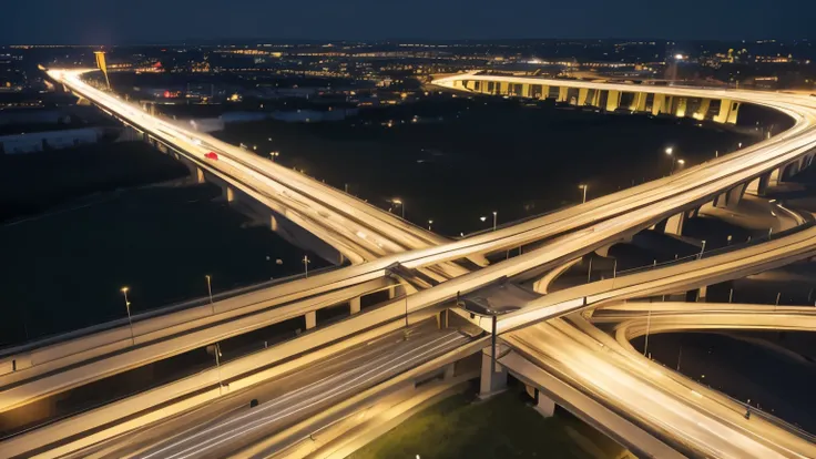 Aerial photo of a night view of an interchange on expressways