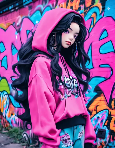 A unique e-girl with a neon pink hoodie, her hair styled in black long, wavy hair, standing in front of a graffiti-covered wall. cosmic theme.