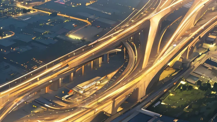 Aerial photo of a night view of an interchange on a parallel expressway