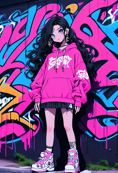 A unique e-girl with a neon pink hoodie, her hair styled in black long, wavy hair, standing in front of a graffiti-covered wall. cosmic theme.