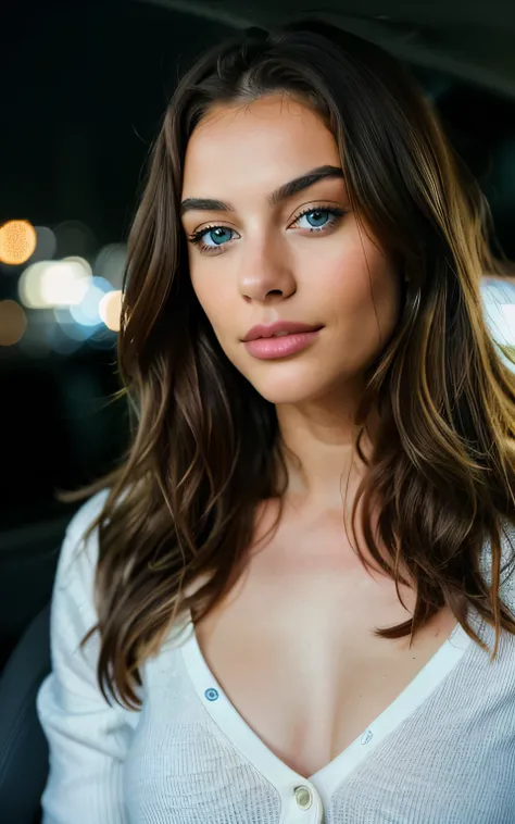 Beautiful brunette with blonde highlights driving car in night, full body photo , highly detailed, 22 years old, innocent face, natural wavy hair, blue eyes, high resolution, Masterpiece, Best quality, Intricate high detail, Highly detailed, Sharp focus, D...