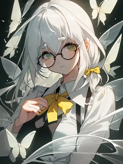 white hair、transparency、transparencyのある水色の瞳、thick eyebrows、black rim glasses、shoulder-length hair、｛Tie one knot at the bottom｝、fluttery white shirt、yellow ribbon、beautiful woman、Mature