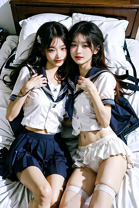 (two boys inside the girl&#39; uniforms open in front of each other&#39;uniform ofs on the bed, show each other&#39;s goods and ...