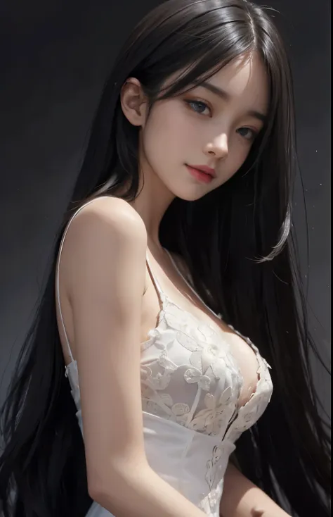 (surreal), (shape), (Improved resolution), (8k), (very detailed), (Best shape), (beautiful and detailed eyes), (highest quality), (Super detailed), (masterpiece ), ( wallpaper), (detailed face), 1 girl, 17 years old, white dress,  lace chest,  big breasts,...