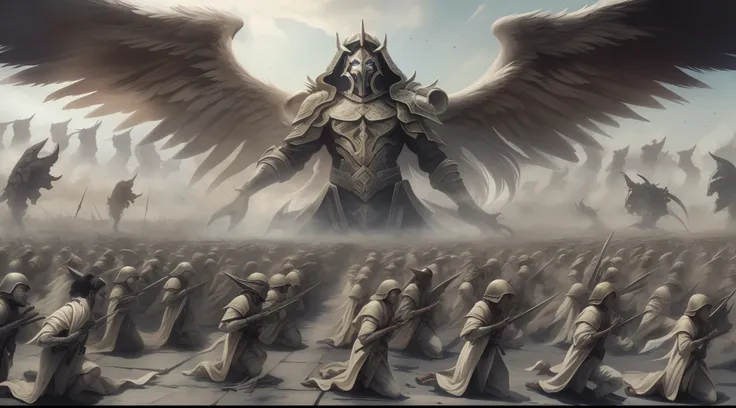 Create an epic Bataha image of the place called Armageddon, proferido no apocalipse, ambiente sombrio, muita poeira e neblina,imagem ultra realista, A battlefield with thousands of soldiers dressed as heavenly angels in battle position, thousands of soldie...