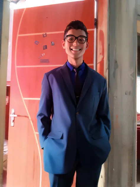 a smiling young brunette in a blue suit with his hands in his pants pocket