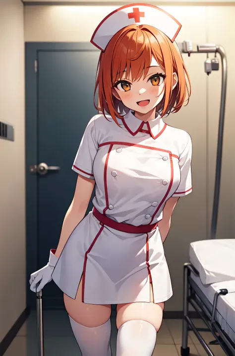 1girl, solo, nurse, nurse cap, white nurse uniform, ((white legwear, zettai ryouiki)), white gloves, very short hair, orange hai...