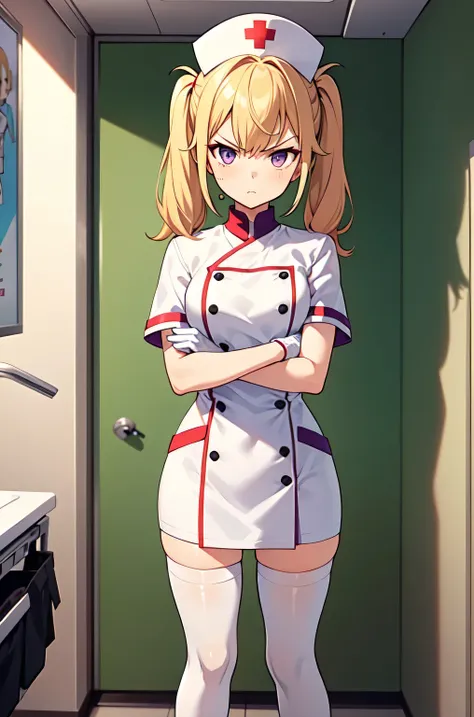 1girl, solo, nurse, nurse cap, white nurse uniform, ((white legwear, zettai ryouiki)), white gloves, twintails, yellow hair, purple eyes, angry, crossed arms, standing, ((hospital room)), sharp outline, short sleeves, best quality, masterpiece