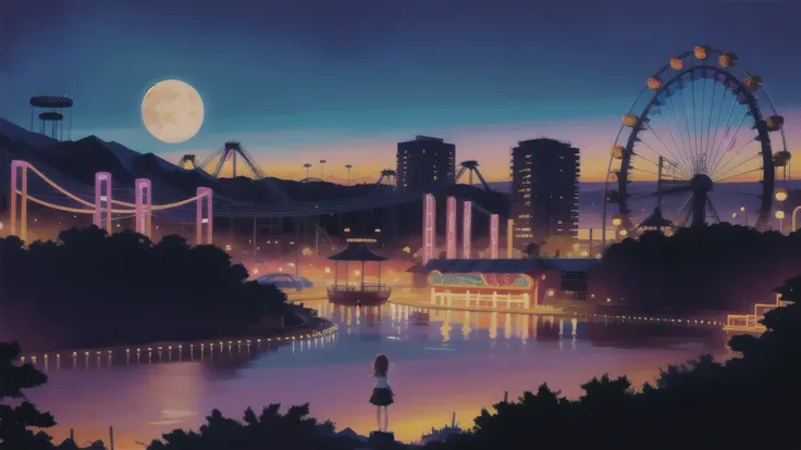 1girl, (Sketch:1.2),  anime key visual,  landscape of a Otherworldly Brutal Amusement park  and Megalopolis, Clear skies, Horror, F/8, Velvia