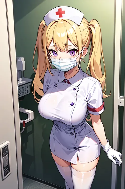 1girl, solo, nurse, nurse cap, white nurse uniform, ((white legwear, zettai ryouiki)), white gloves, twintails, yellow hair, purple eyes, ((white surgical mask, covered nose)), standing, ((hospital room)), sharp outline, short sleeves, best quality, master...