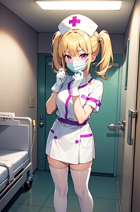 1girl, solo, nurse, nurse cap, white nurse uniform, ((white legwear, zettai ryouiki)), white gloves, twintails, yellow hair, purple eyes, ((white surgical mask, covered nose)), standing, ((hospital room)), sharp outline, short sleeves, best quality, master...
