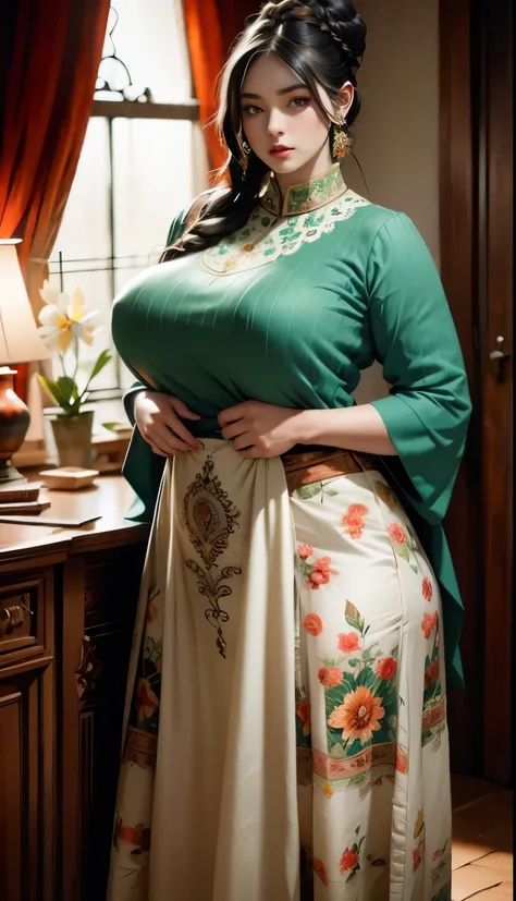 1girl, huge breast, black hair, green eyes,high quality, ultra detailed, masterpiece, realistic, gamis clothes,braid,standing, slightly fat arms , slightly fat belly