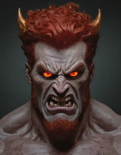 an ominously brooding and evil version of hercules from disney. he is a demon with evil glowing red eyes and red hair. he is cle...