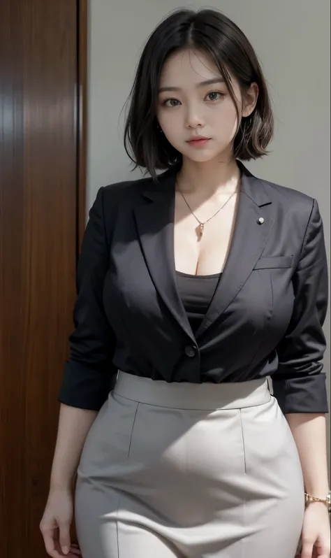 realisitic、curvaceous woman standing alone, woman in black business suit, with a business suit on, businesswoman, woman in busin...