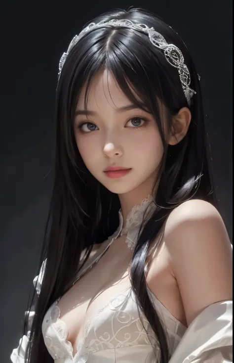 (surreal), (shape), (Improved resolution), (8k), (very detailed), (Best shape), (beautiful and detailed eyes), (highest quality), (Super detailed), (masterpiece ), ( wallpaper), (detailed face), 1 girl, 17 years old, white dress,  lace chest,  big breasts,...