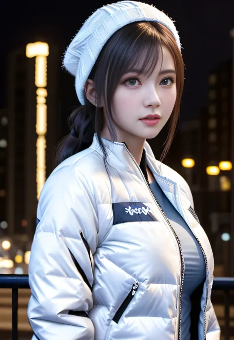 8k, highest quality, table top:1.2), (realistic, Photoreal:1.37), highest quality, table top, beautiful young woman, pensive expression,、Charm、and an inviting look、big breasts, ((white down jacket:1.4)), knit hat、braided twin tails, cinematic background, b...