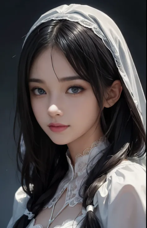 (surreal), (shape), (Improved resolution), (8k), (very detailed), (Best shape), (beautiful and detailed eyes), (highest quality), (Super detailed), (masterpiece ), ( wallpaper), (detailed face), 1 girl, 17 years old, white shawl,  lace chest,  big breasts,...