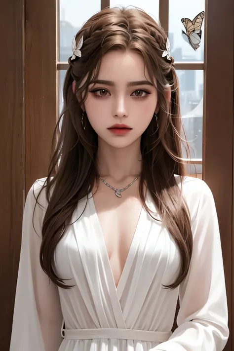 Girl, Long brown hair, Gray eyes, Sharp features, White skin, Wavy hairstyle, dress, butterfly necklace