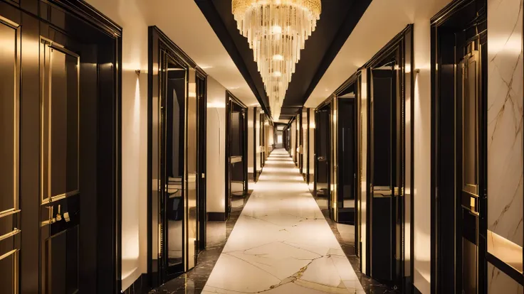 ((highest quality)), ((8k)), ((masterpiece:1.3)), (become familiar with), ((Corridor in front of luxury hotel guest rooms)), (urban atmosphere), (bright lighting), (A hallway stretches from the back to the front.), (Guest room doors on the left and right),...