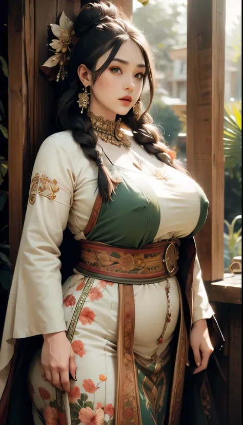 1girl, huge breast, black hair, green eyes,high quality, ultra detailed, masterpiece, realistic, gamis clothes,braid,standing, slightly fat arms , slightly fat belly 