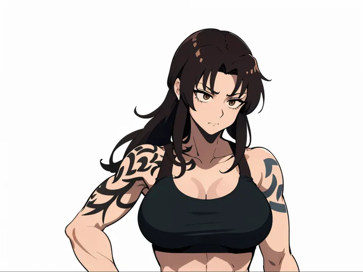 茶髪とデニムショートをかがんだanime woman, long brown hair woman, brown eyed woman, solo, anime womanがしゃがんでいる, clothing:black sports bra, big b...