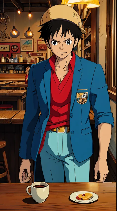 luffy, in cafe, dressed blazer, perfect eyes, five finger, solid face.