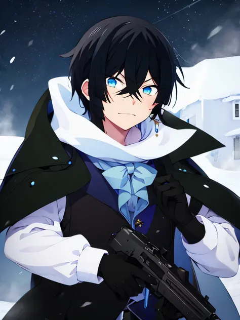 1boy,vanitas no carte,angry expression,holding a firearm, shooting,aiming at the viewer, at the north pole, snow storm