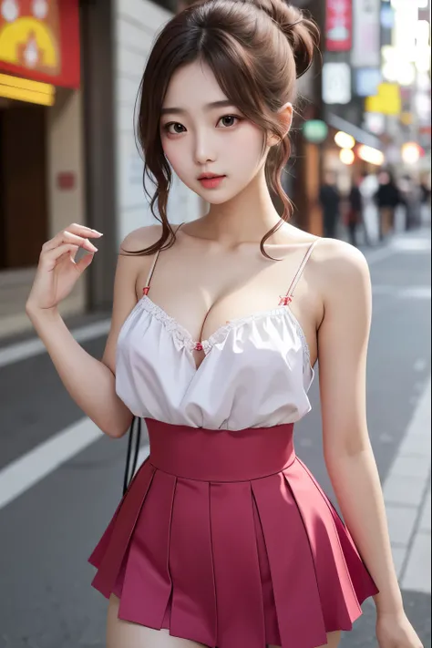 Beautiful, 1girl, korea, small breast, spaghetti strap top, high waist short skirt