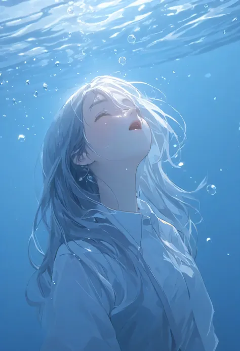 (masterpiece,best quality,ultra_detailed,highres,absurdres:1.2), blue color, a  girl under water and closed eyes,wear white  col...