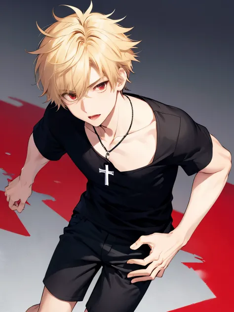 1 boy,solo,20 years old,running around,half body photo,cross necklace,handsome,messy hair,Perfect face, detailed face, short hair, blonde hair,black t-shirt, Plain t-shirt,black t-shirt,short sleeve t-shirt,black trousers, Long pants,red eyes,bright red ey...