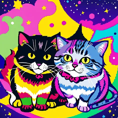 Pixel art，Cat，The background is wonderful，Colorful fur，bold color pattern，Two animals，Pop Design，universe