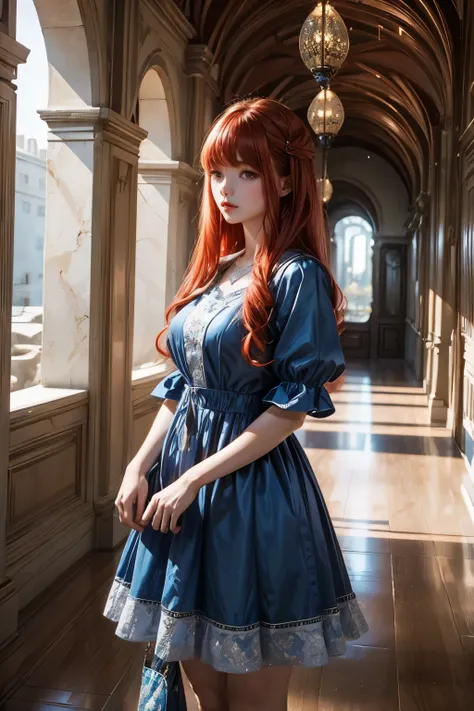 one beautiful woman。fifteen years old。she has her bangs down。red hair。she is wearing a blue dress。she stands in a white palace。