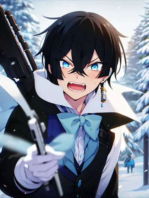 1boy,vanitas no carte,angry expression,teeth showing, annoyed expression,holding a firearm, shooting,aiming at the viewer, at th...