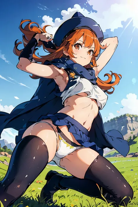 1 girl、High resolution、masterpiece、(Arena-DQ4、DQ4-Arena、orange hair)、smile、thin、muscular、thin太もも、tits、outdoors、grassland、Grass grows、((((white panties with detailed decorations))))、(navy blue hat、cape、skirt、dress)、boots、shot of her from below、Photographed ...