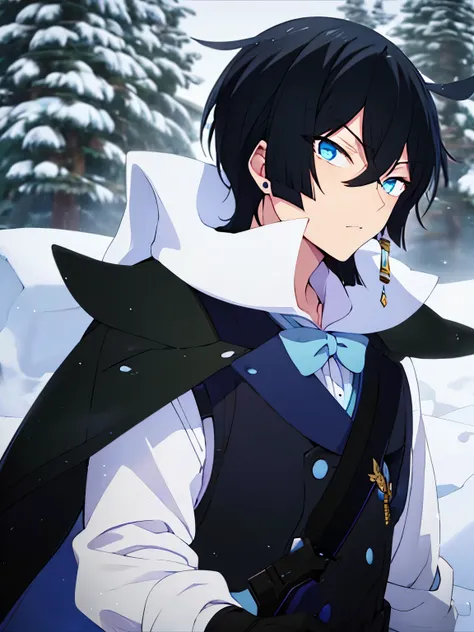 1boy,vanitas no carte,angry expression,holding a firearm, shooting,aiming at the viewer, at the north pole, snow storm